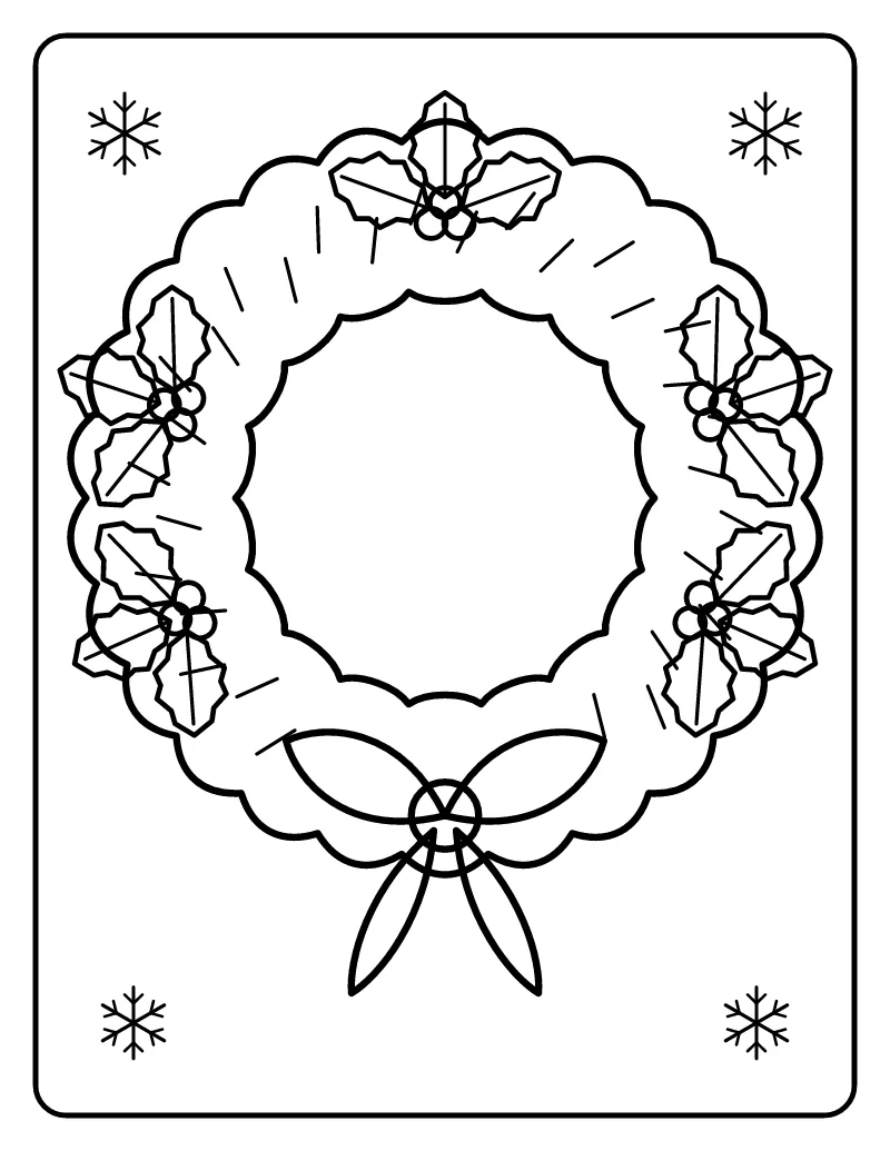 Christmas Wreath with Bow coloring page – printable black and white line art