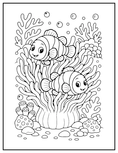 Clownfish and Sea Anemone coloring page – printable line art