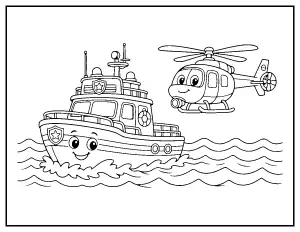 Coast Guard Boat and Helicopter for Kids coloring page – printable line art