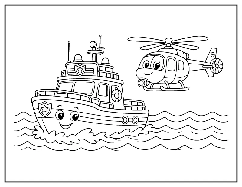 Coast Guard Boat and Helicopter for Kids coloring page – printable black and white line art