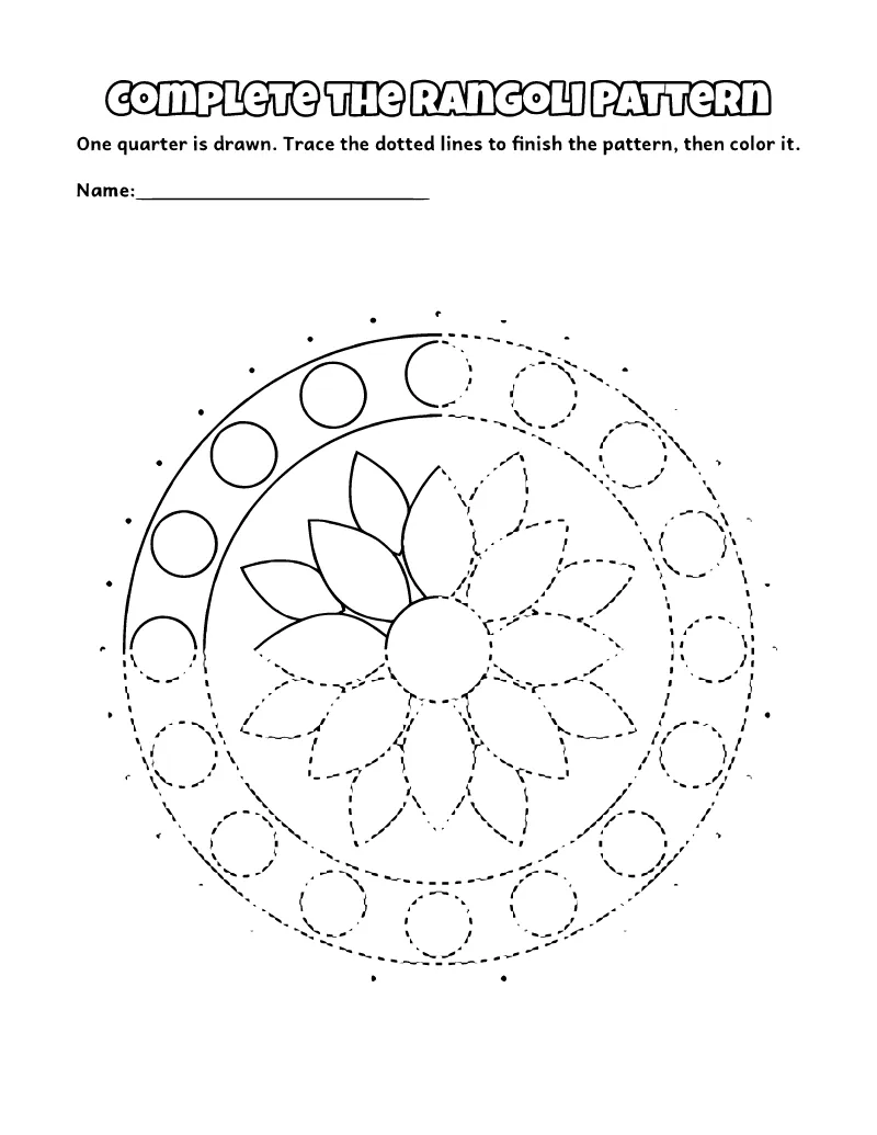 Complete the Rangoli Pattern coloring page – printable black and white line art