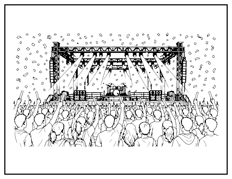 Concert Crowd with Light Sticks coloring page – printable black and white line art