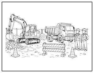 Busy Construction Site coloring page – printable line art