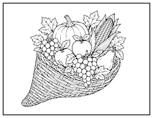 Cornucopia Overflowing with Harvest Fruits coloring page – printable line art