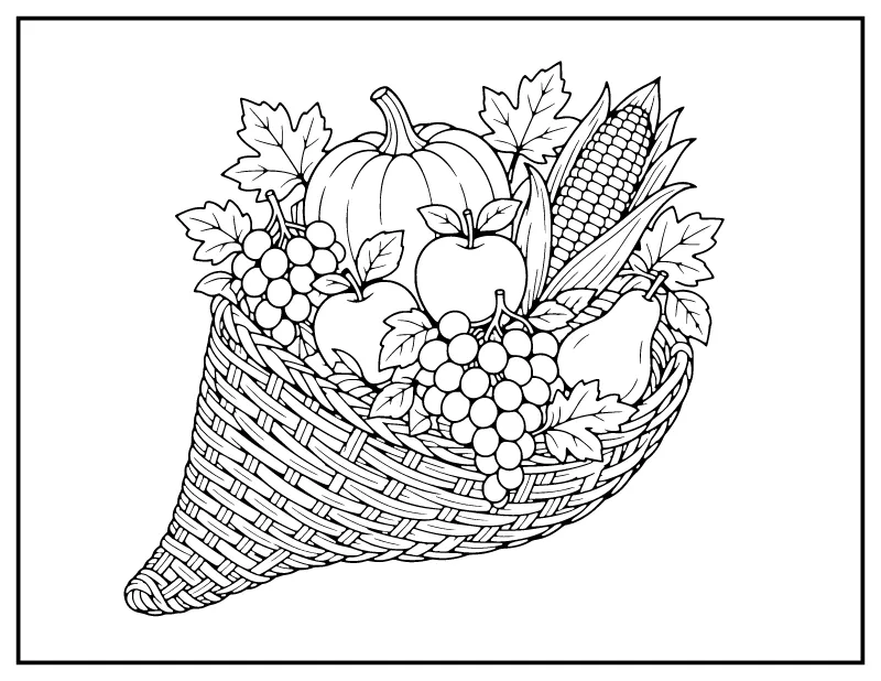 Cornucopia Overflowing with Harvest Fruits coloring page – printable black and white line art