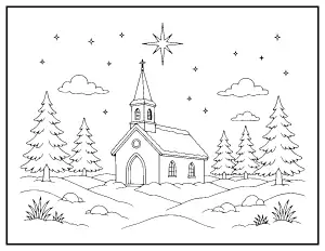 Country Church under the Christmas Star coloring page – printable line art