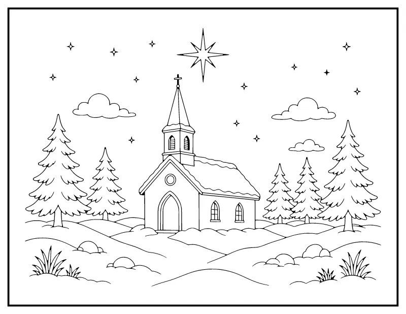 Country Church under the Christmas Star coloring page – printable black and white line art