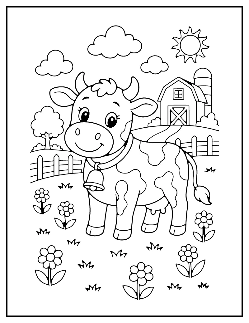 Cow in the Meadow coloring page – printable black and white line art