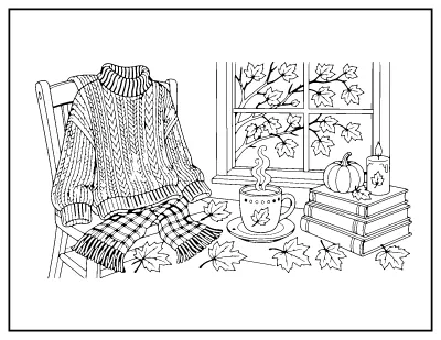 Cozy Autumn Sweater Weather coloring page – printable line art