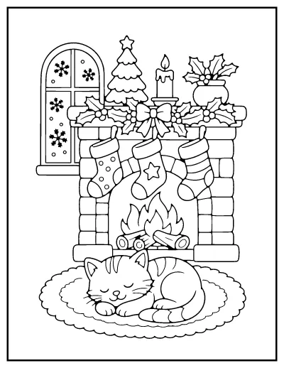 Cozy Christmas Fireplace coloring page – printable line art