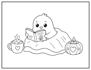 Cozy Ghost Reading a Book coloring page – printable line art
