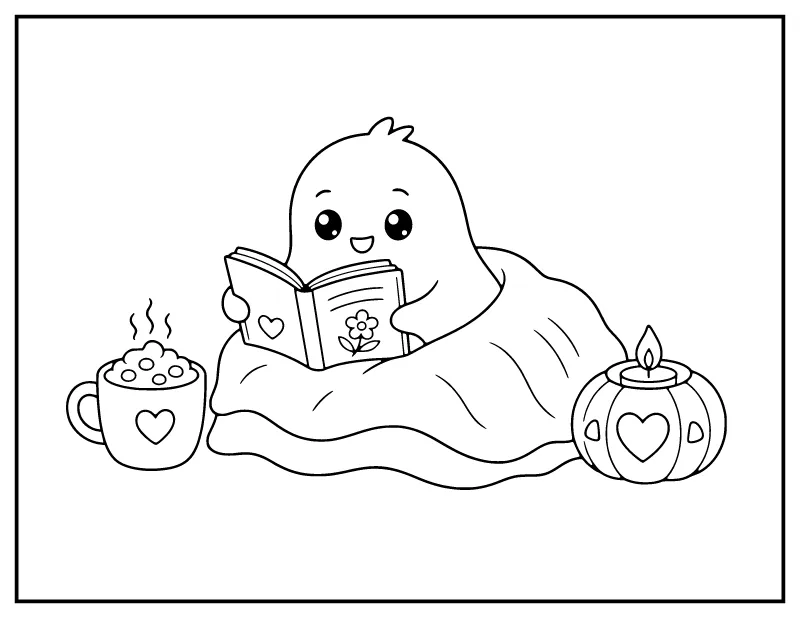 Cozy Ghost Reading a Book coloring page – printable black and white line art