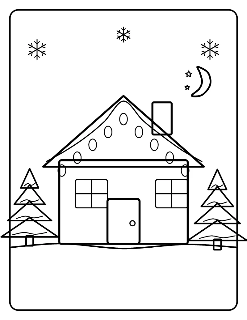Cozy House with Christmas Lights coloring page – printable black and white line art
