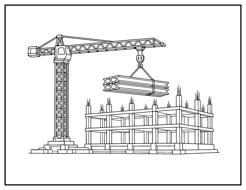 Crane Lifting Steel Beams coloring page – printable black and white line art