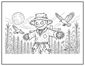 Creepy Scarecrow in the Cornfield coloring page – printable line art