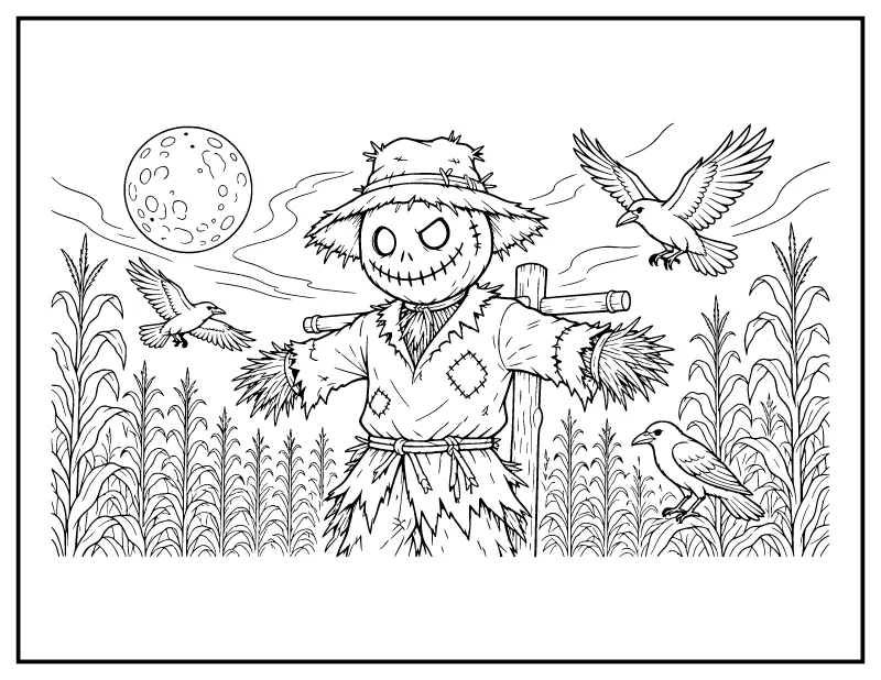 Creepy Scarecrow in the Cornfield coloring page – printable black and white line art