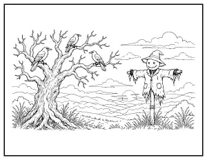 Crows in a Twisted Tree and a Scarecrow coloring page – printable line art
