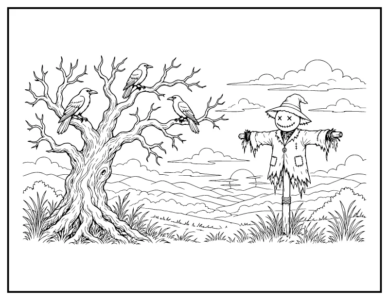 Crows in a Twisted Tree and a Scarecrow coloring page – printable black and white line art