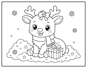 Cute Baby Reindeer with Scarf and Present coloring page – printable line art