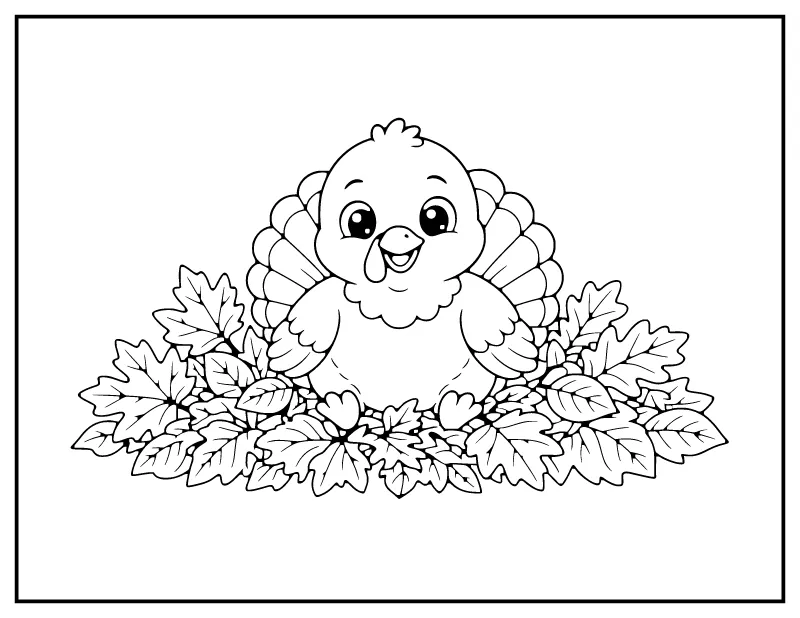 Cute Baby Turkey coloring page – printable black and white line art