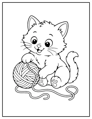 Cute Cat with a Yarn Ball coloring page – printable line art