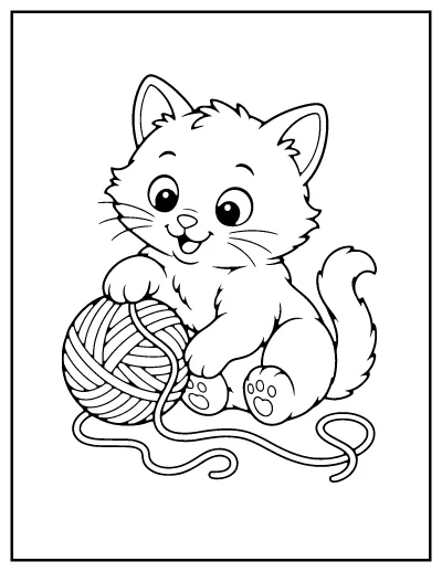 Cute Cat with a Yarn Ball coloring page – printable line art