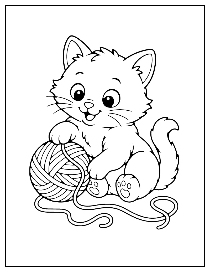Cute Cat with a Yarn Ball coloring page – printable black and white line art