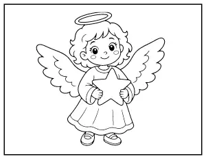 Cute Christmas Angel Holding a Star coloring page – printable line art