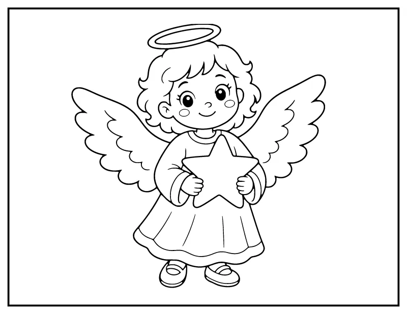 Cute Christmas Angel Holding a Star coloring page – printable black and white line art