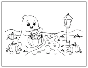 Cute Ghost Trick-or-Treating coloring page – printable line art