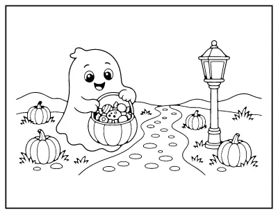 Cute Ghost Trick-or-Treating coloring page – printable line art