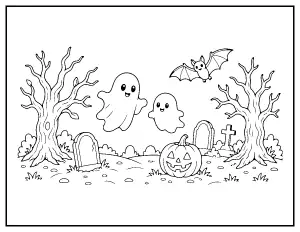Cute Graveyard with Friendly Ghosts coloring page – printable line art