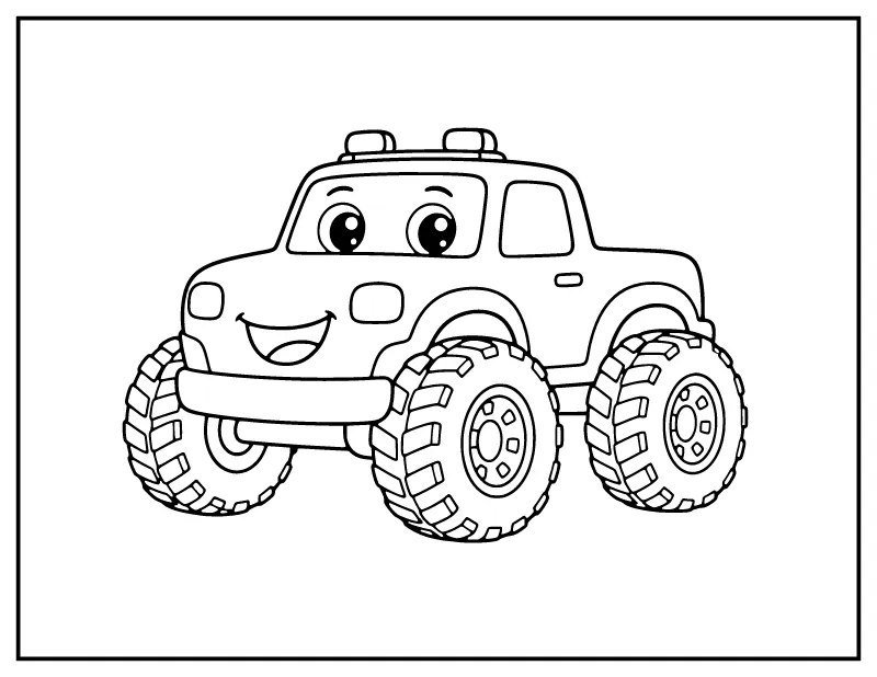 Cute Monster Truck for Toddlers coloring page – printable black and white line art
