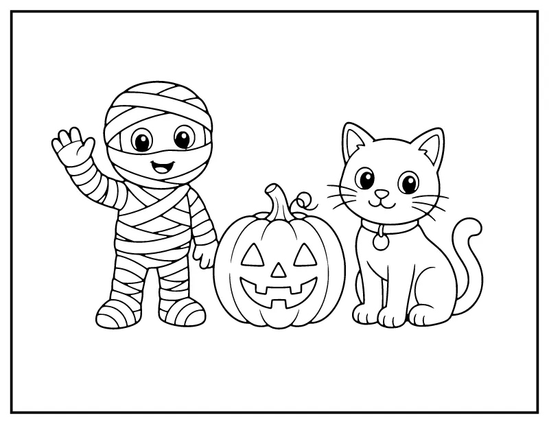 Cute Mummy Waving with a Pumpkin and Cat coloring page – printable black and white line art