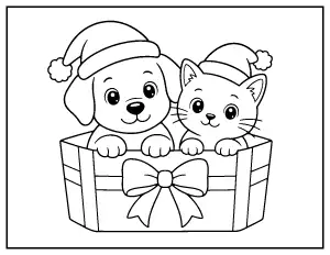 Cute Puppy and Kitten in Santa Hats in a Gift Box coloring page – printable line art