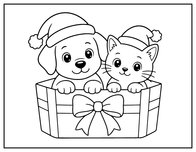 Cute Puppy and Kitten in Santa Hats in a Gift Box coloring page – printable black and white line art