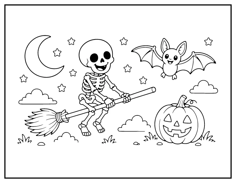 Cute Skeleton Riding a Broomstick coloring page – printable black and white line art