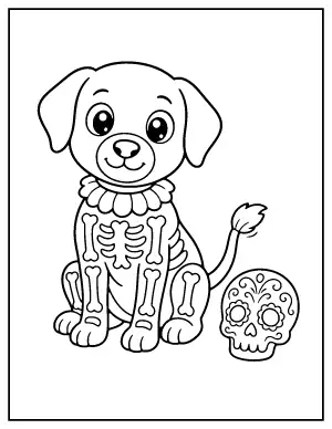 Cute Skeleton Dog with a Sugar Skull coloring page – printable line art