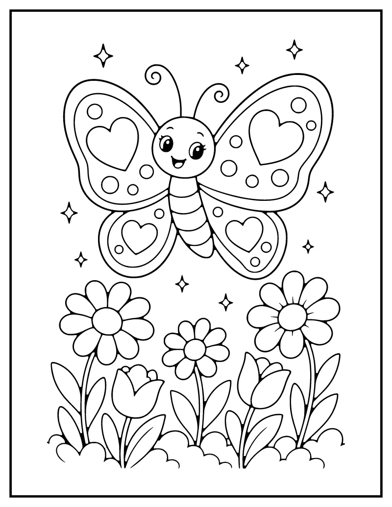Cute Smiling Butterfly with Flowers coloring page – printable black and white line art