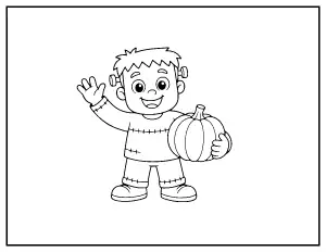 Friendly Square-Head Monster Holding a Pumpkin coloring page – printable line art