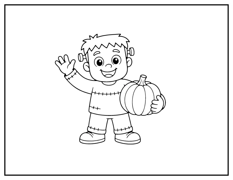 Friendly Square-Head Monster Holding a Pumpkin coloring page – printable black and white line art
