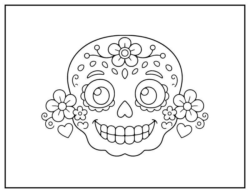 Cute Sugar Skull for Kids coloring page – printable black and white line art