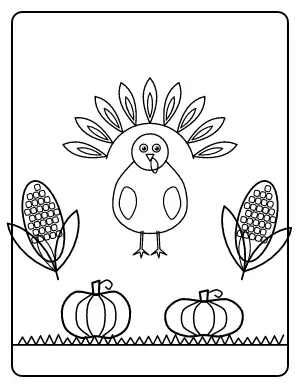 Cute Turkey with Corn and Pumpkins coloring page – printable line art