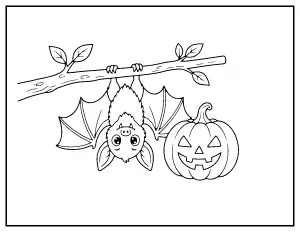 Cute Vampire Bat Hanging Upside Down by a Pumpkin coloring page – printable line art