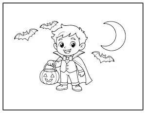 Cute Vampire Kid with a Trick-or-Treat Pumpkin coloring page – printable line art