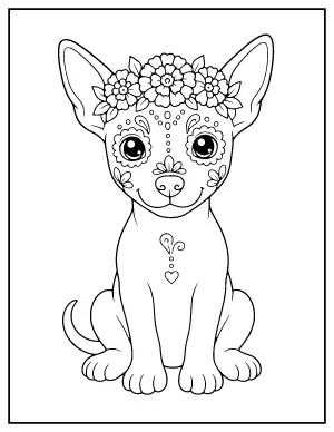 Cute Xolo Puppy with a Flower Crown coloring page – printable line art