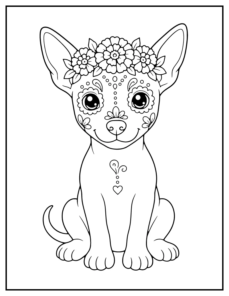 Cute Xolo Puppy with a Flower Crown coloring page – printable black and white line art
