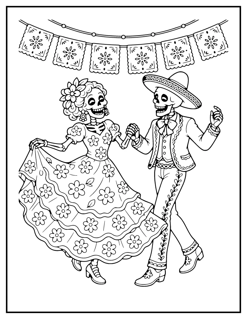 Dancing Skeleton Couple coloring page – printable black and white line art