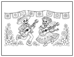 Dancing Skeleton Guitarists at the Festival coloring page – printable line art