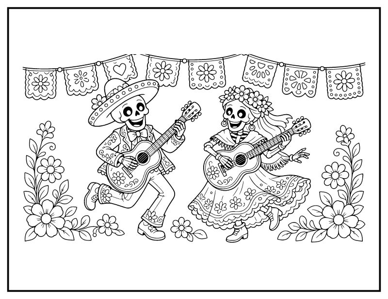 Dancing Skeleton Guitarists at the Festival coloring page – printable black and white line art
